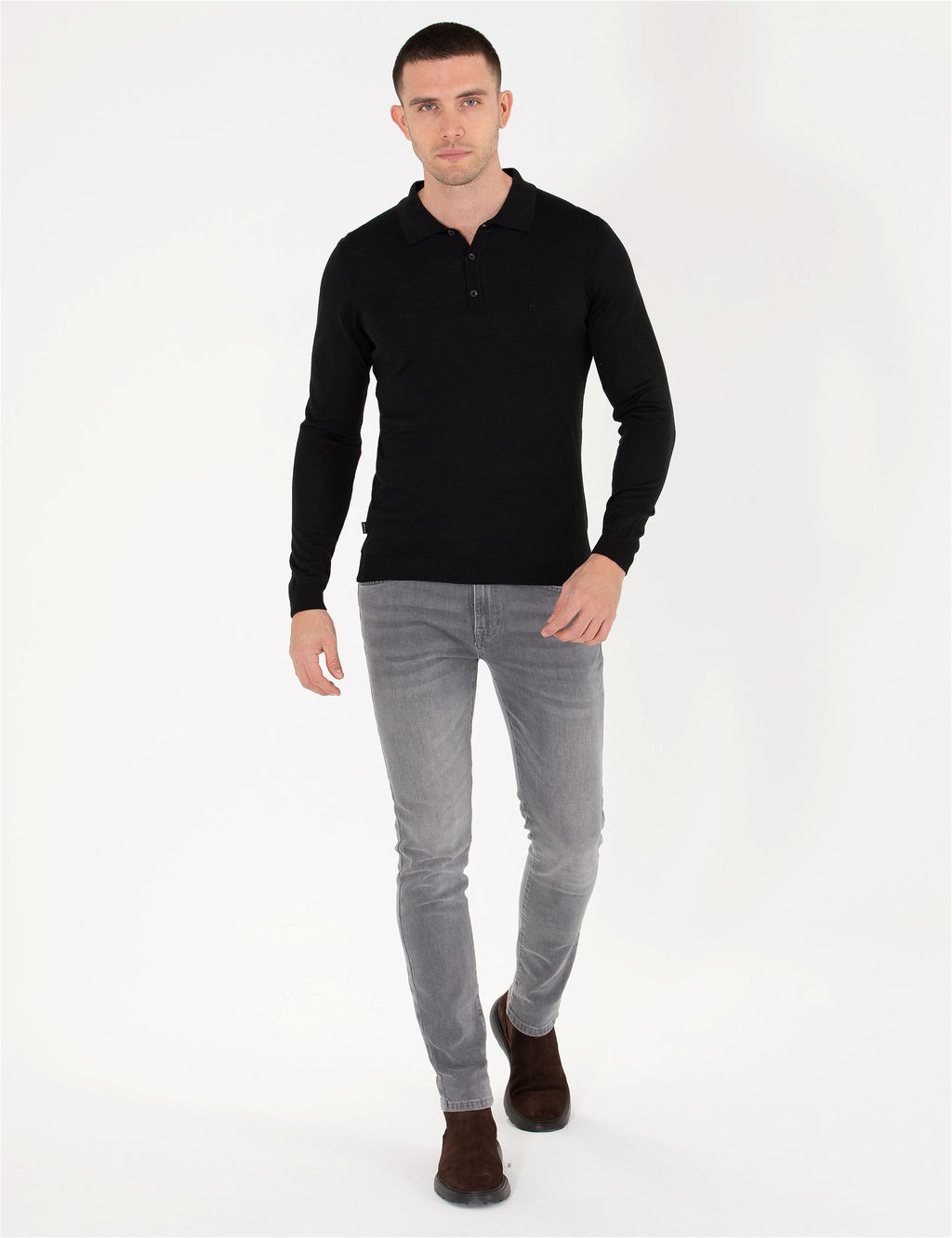 Siyah Slim Fit Polo Yaka Y_n Kar___ml_ Basic Triko Kazak - Pierre cardin фото 3