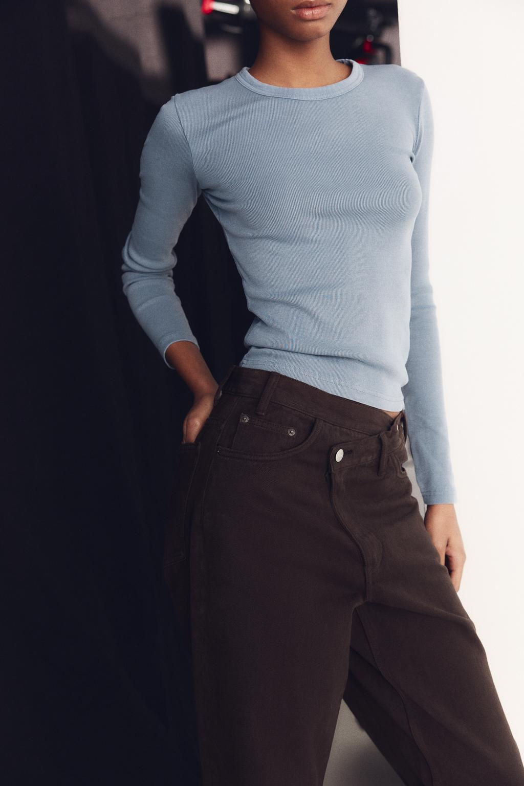 LONG SLEEVE WASHED EFFECT RIBBED T-SHIRT - Zara фото 23