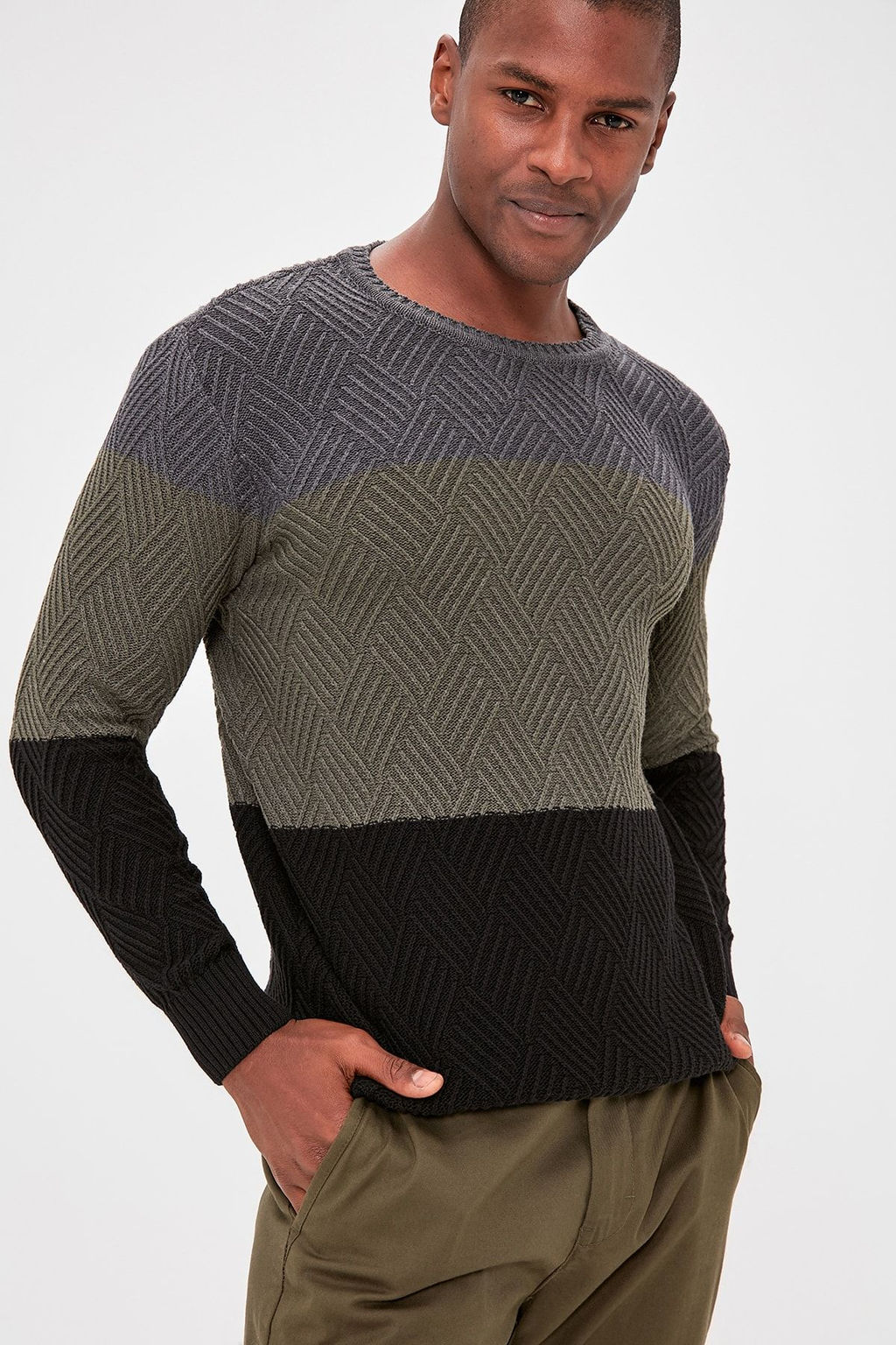 TRENDYOL MAN Indigo Regular Bisiklet Yaka Renk Bloklu Kazak TMNAW20LS0026 - Trendyolmilla фото 2
