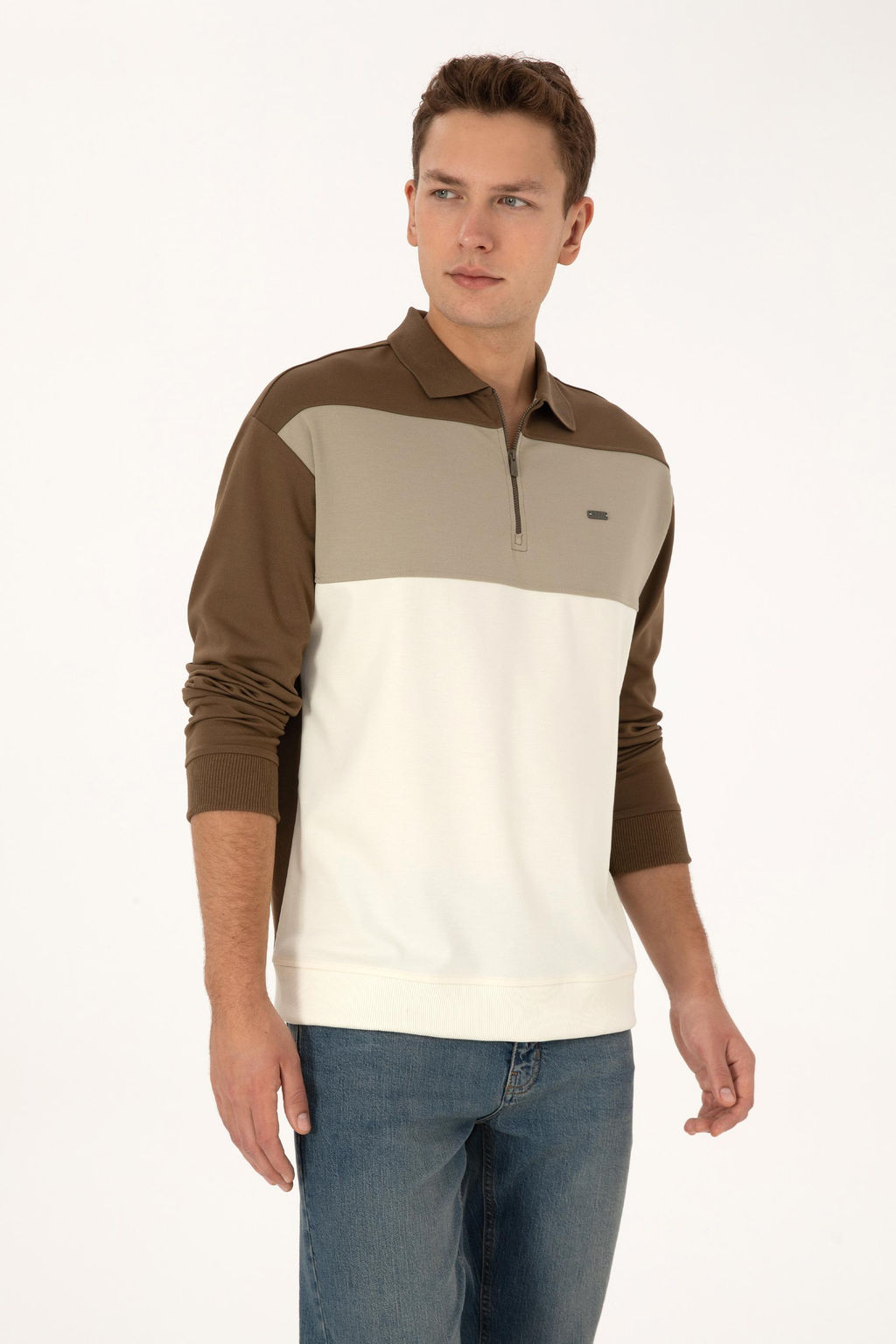 Erkek Comfort Fit Yar_m Fermuarl_ Haki Sweatshirt