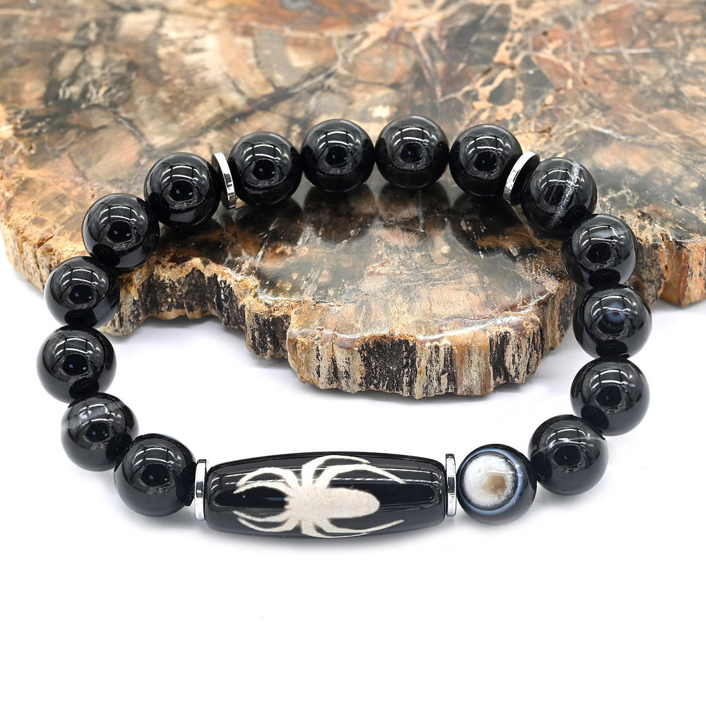 Браслет Дзи Паук цилиндр 10*29мм с агатом глазковым шарик 10мм, 17см.