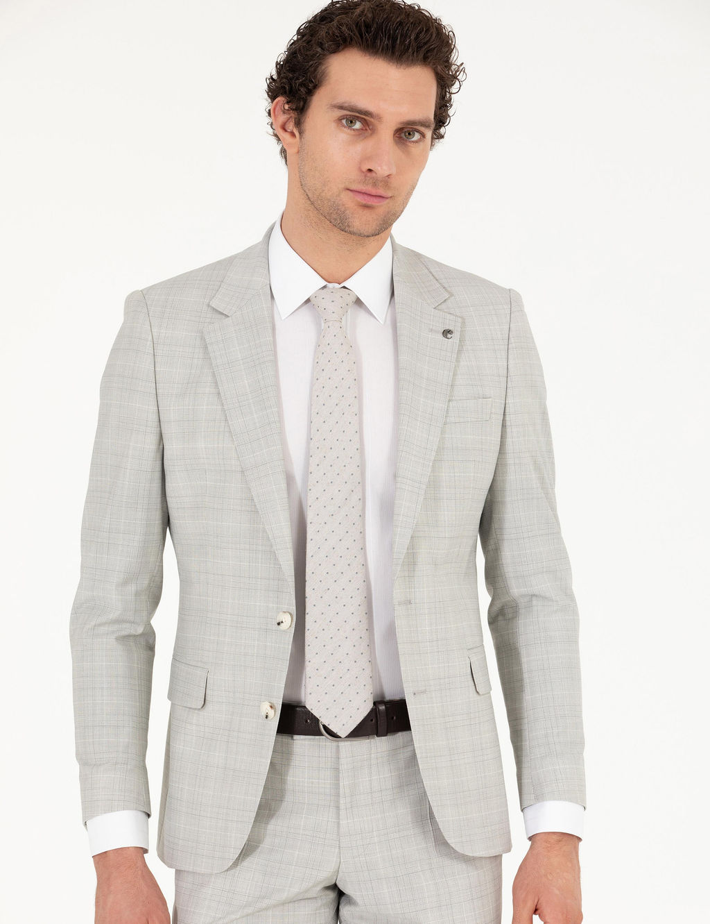 Gri Slim Fit Kareli Tak_m Elbise