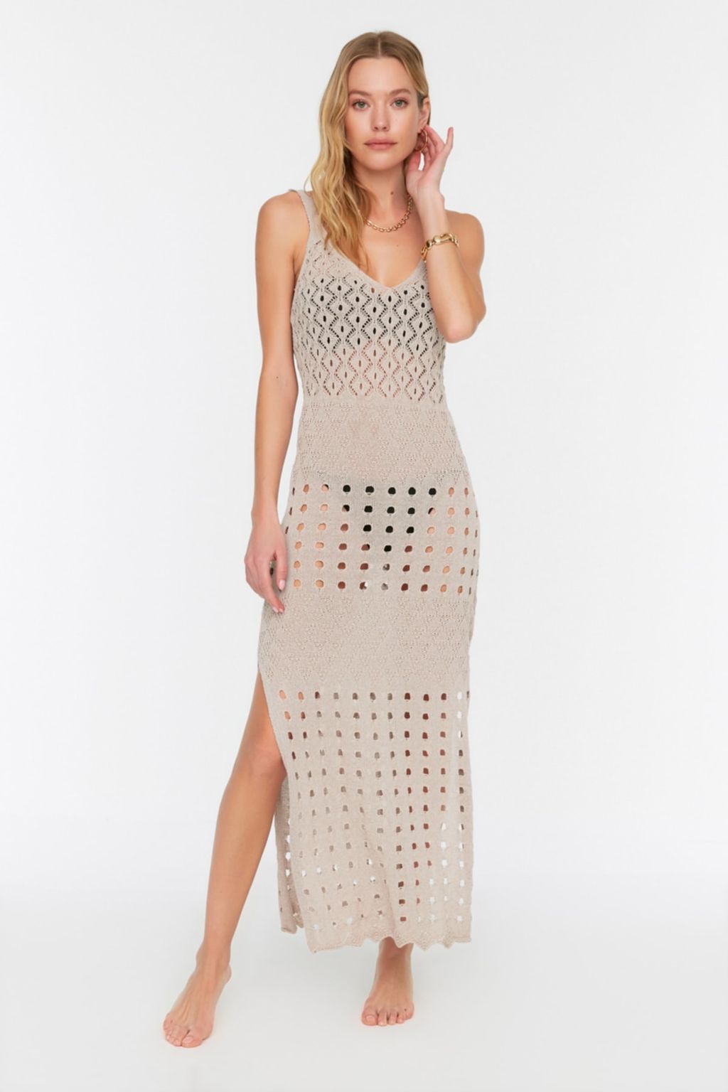 Bej Orme Y?rtmacl? Maxi Plaj Elbise TBESS22EL2917 - Trendyolmilla фото 4