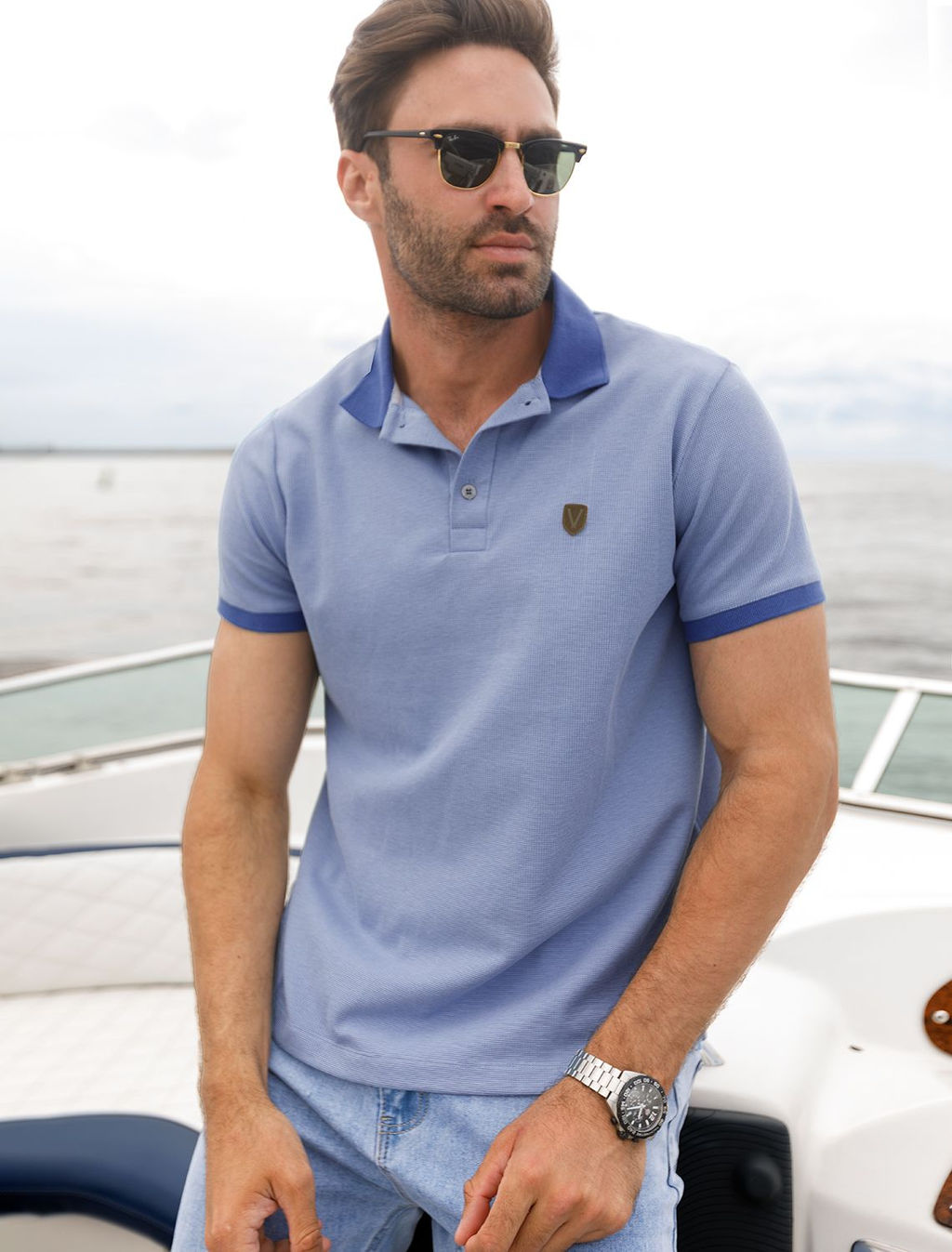 Поло Vilatte из хлопка темно-голубое  фото 5