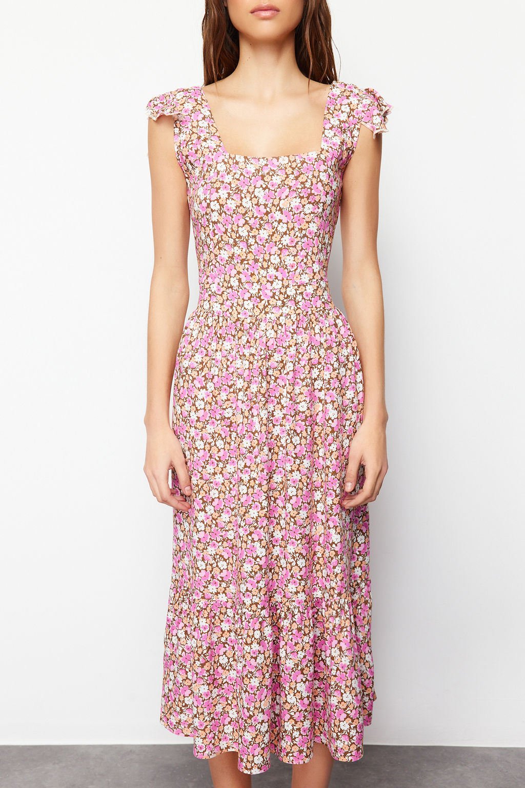 Lila Cicek Desenli Kare Yaka A Kesim Viskon Midi Dokuma Elbise TWOSS20EL3331