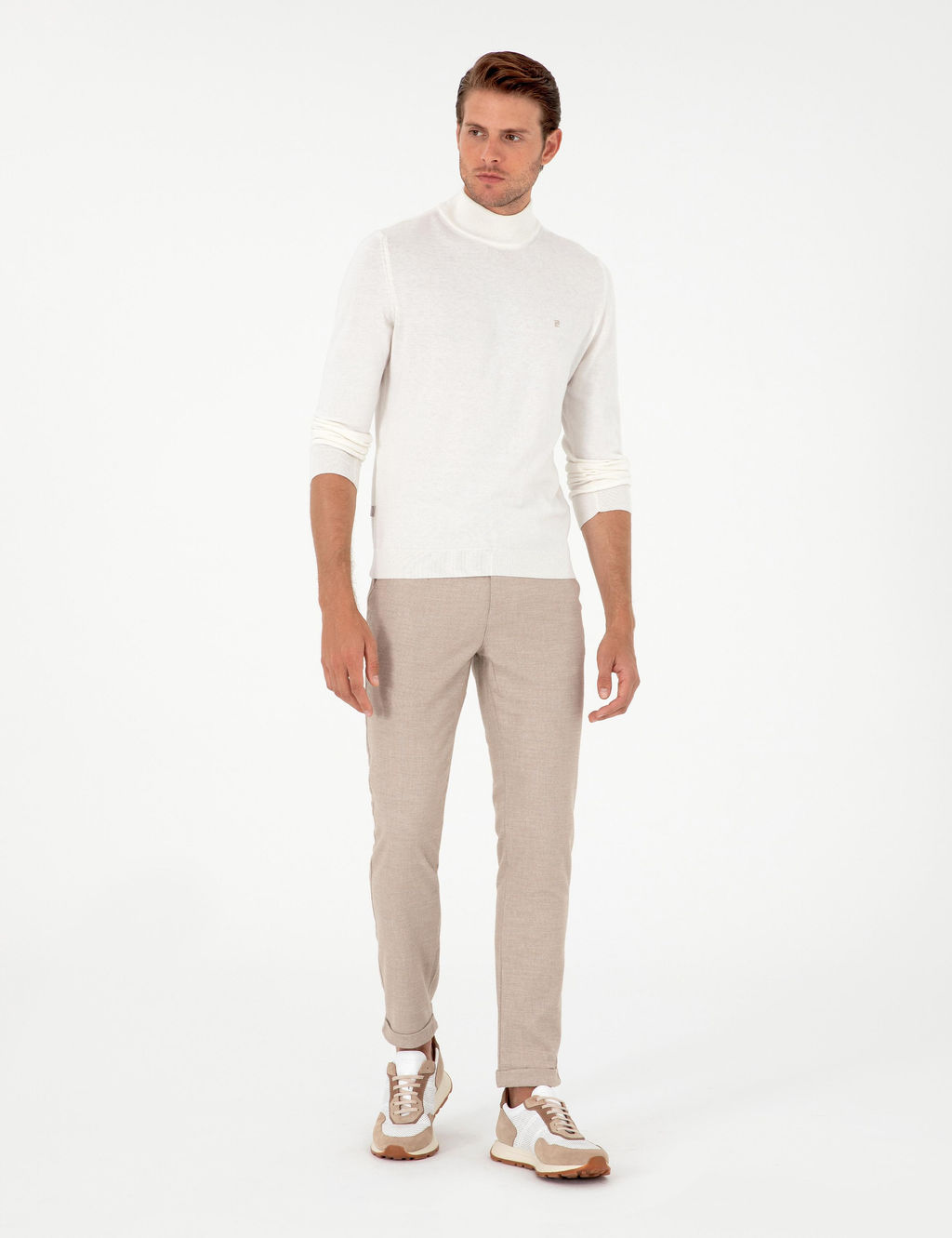 Ekru Slim Fit Yar_m Bal_k__ Yaka Basic Triko Kazak