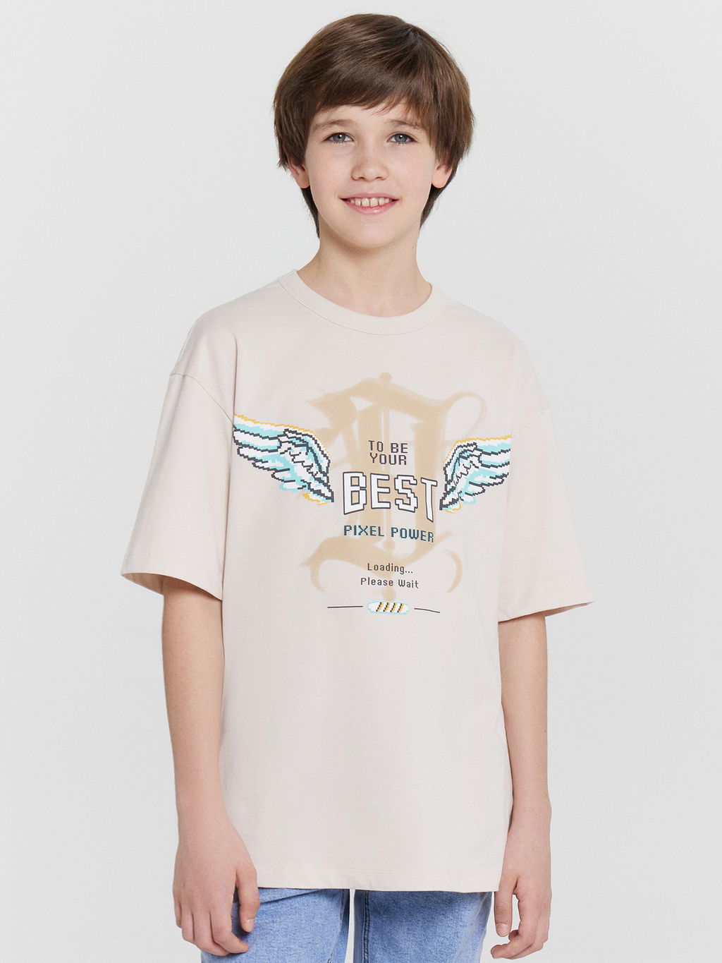Футболка для мальчиков бежевая с принтом и надписью best pixel power - Mark formelle фото 2