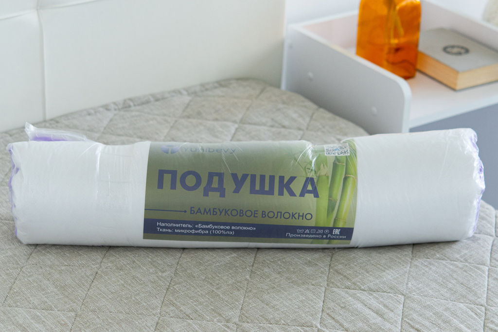 Подушка "Юнибив" бамбук+леб.пух на молнии стеганая  м/ф(белая) 550гр, сумка
