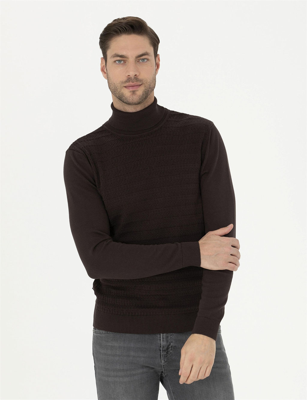 Kahverengi Slim Fit Bal_k__ Yaka Triko Kazak
