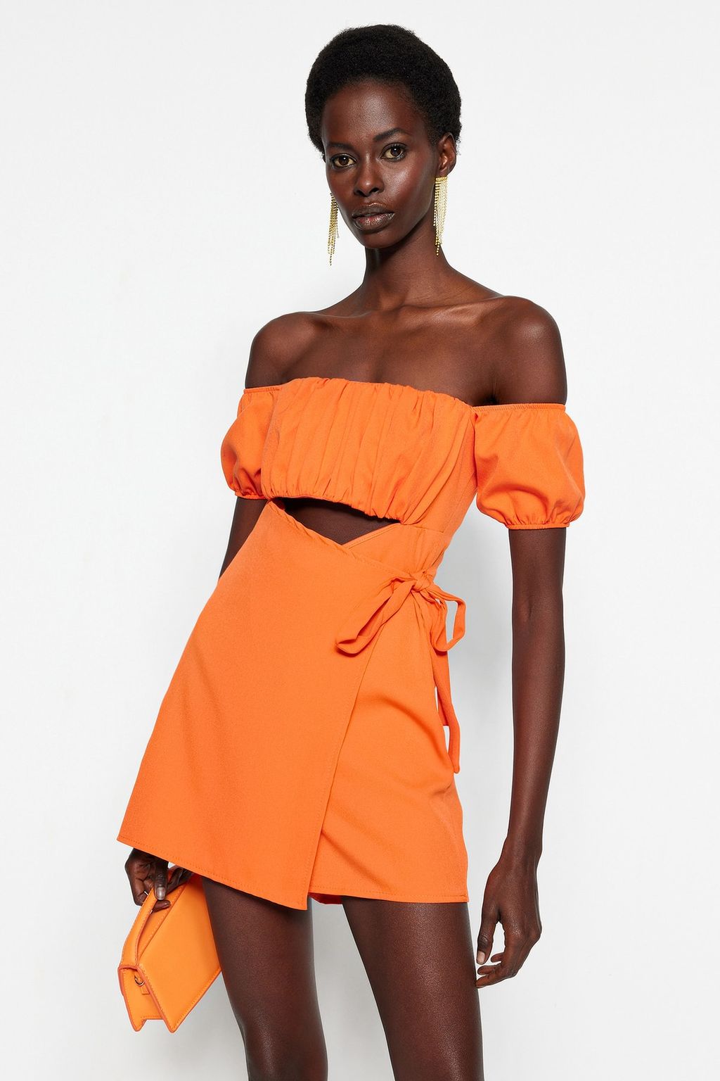 Turuncu Cut Out/Pencere Detayl? Dokuma K?sa Tulum TPRSS22EL1006