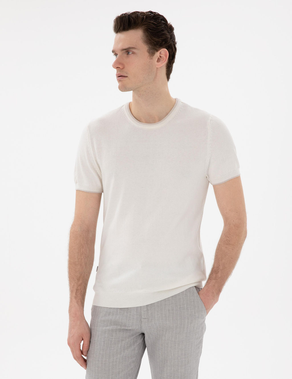 Ekru Slim Fit Bisiklet Yaka Triko Ti__rt