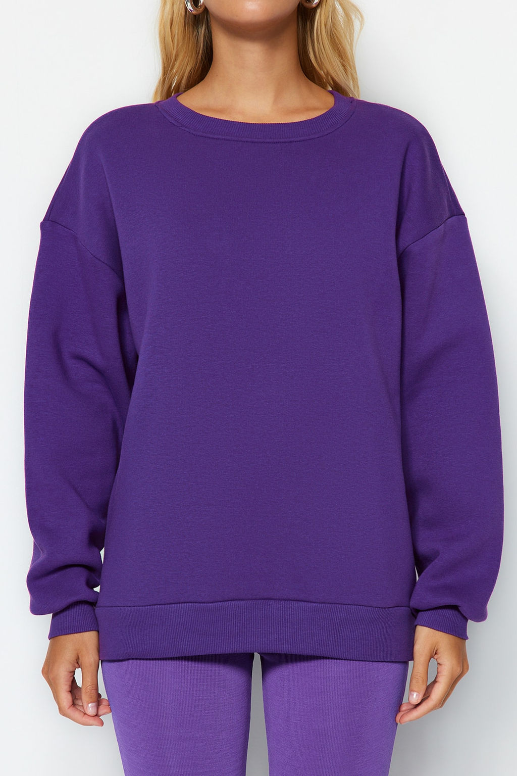 Mor Oversize/Rahat Kesim Basic Bisiklet Yaka Kal?n/Ici polarl? Orme Sweatshirt TWOAW24SW00102