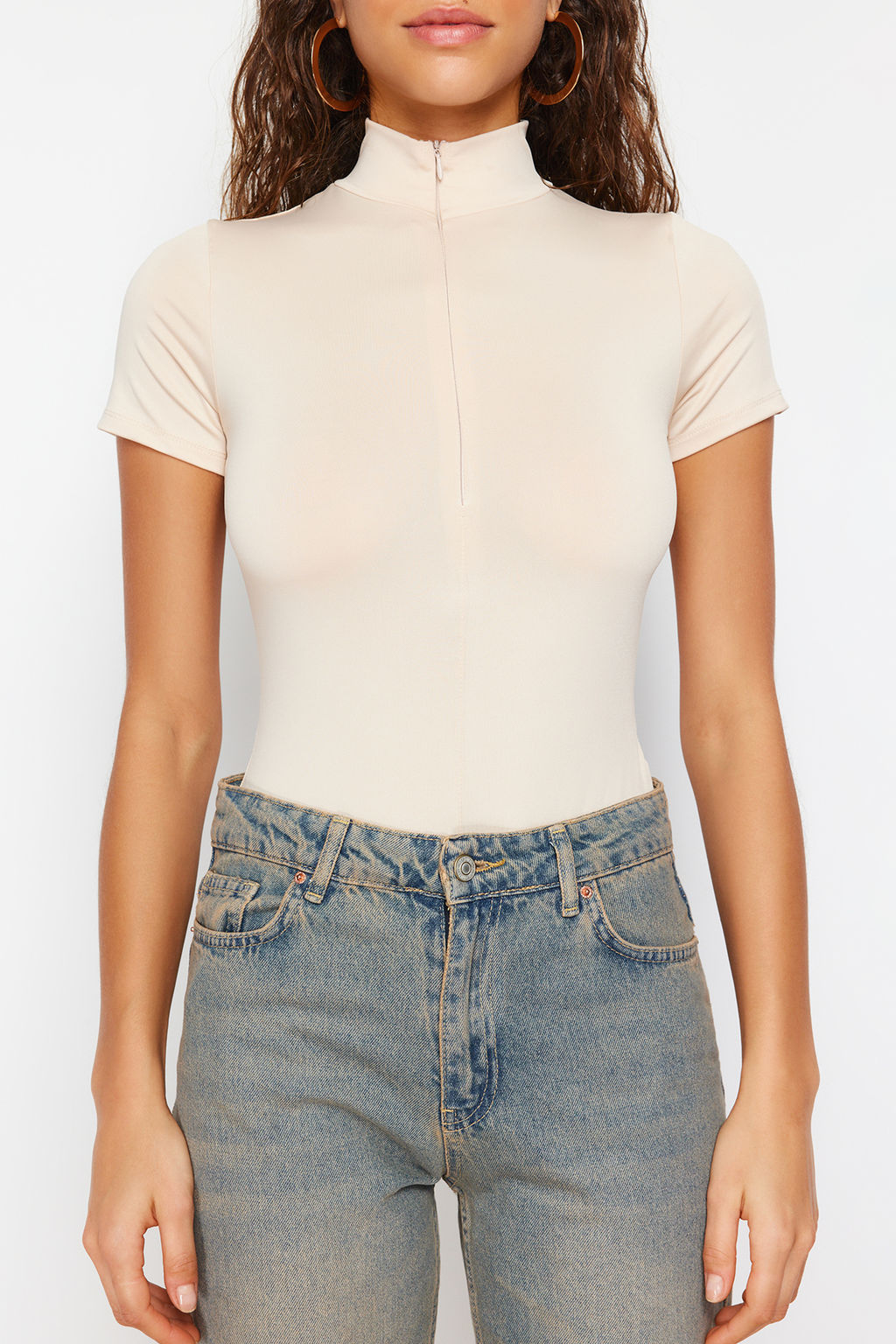 Tas Fermuarl? Dik Yaka Fermuarl? K?sa Kollu Esnek C?tc?tl? Orme Body TWOAW21BD0009