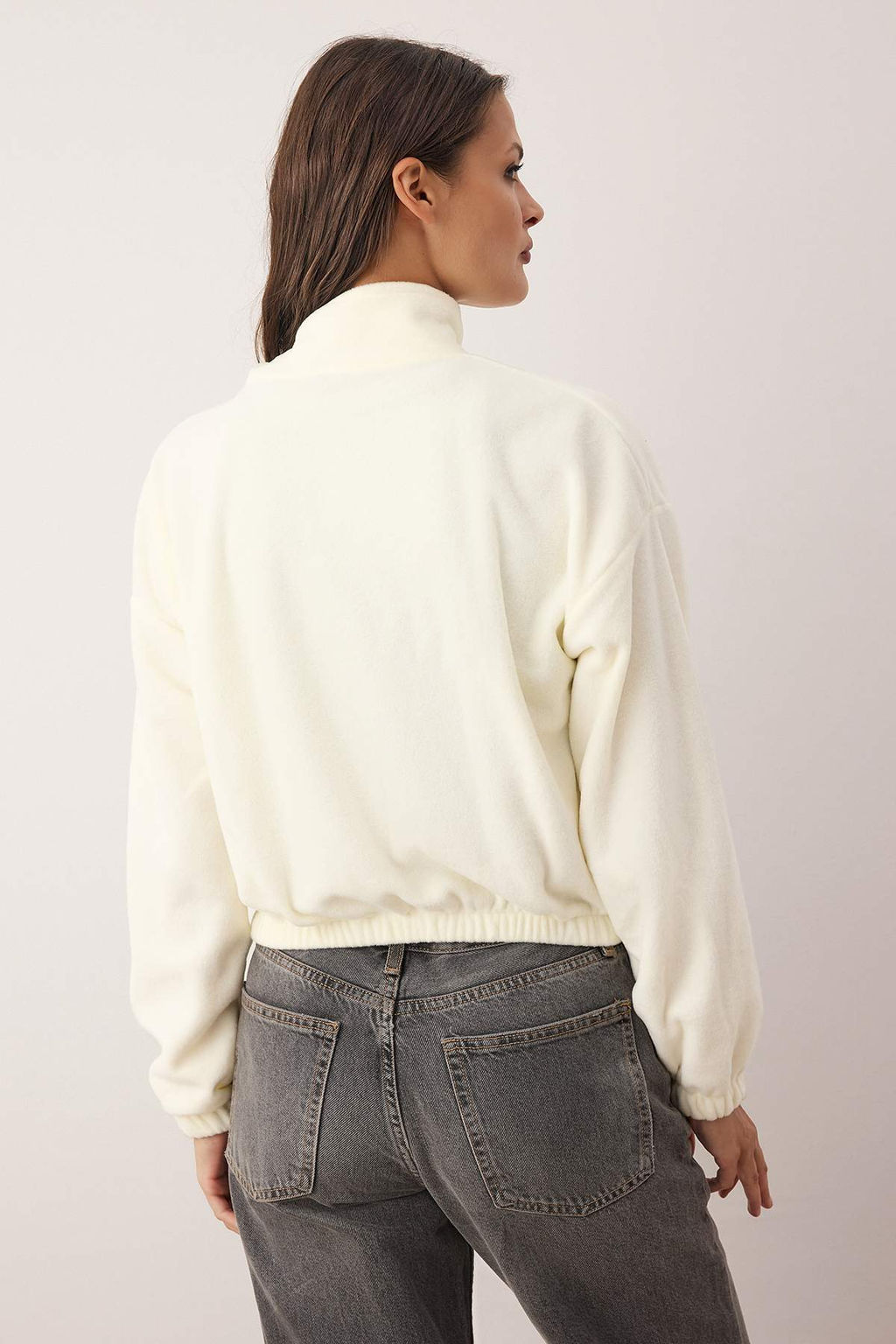 Ekru Polar Fermuarl? Oversize/Genis Kal?p Kal?n Orme Sweatshirt TWOAW26SW00057