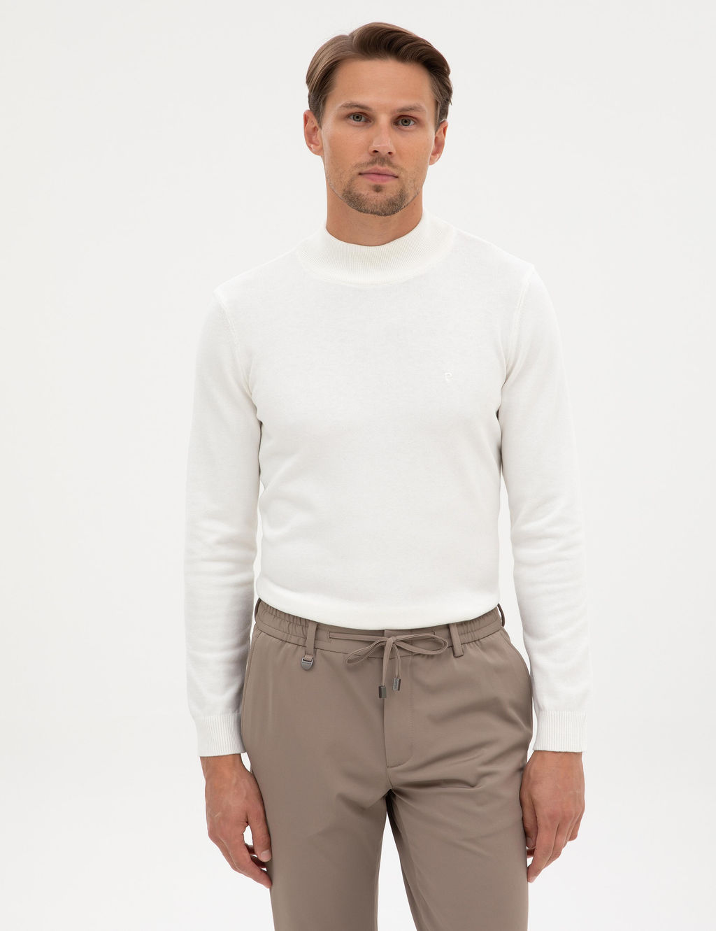 Ekru Slim Fit Yar_m Bal_k__ Yaka Basic Triko Kazak