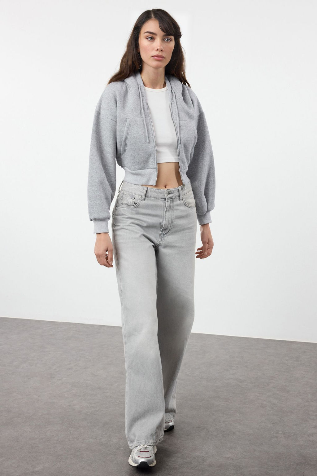Gri Melanj Regular/Normal Kal?p Kapusonlu Kal?n ici Polarl? Orme Sweatshirt TWOAW25SW00068