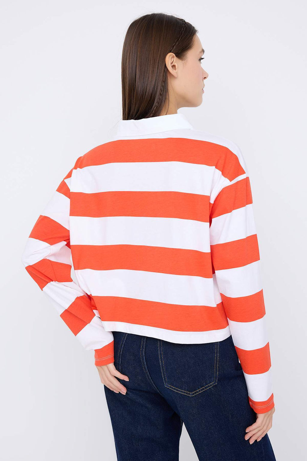 Turuncu Cizgili Polo Yaka Relaxed Crop/Rahat K?sa Orme T-shirt TWOAW26TS00011 - Trendyolmilla фото 12