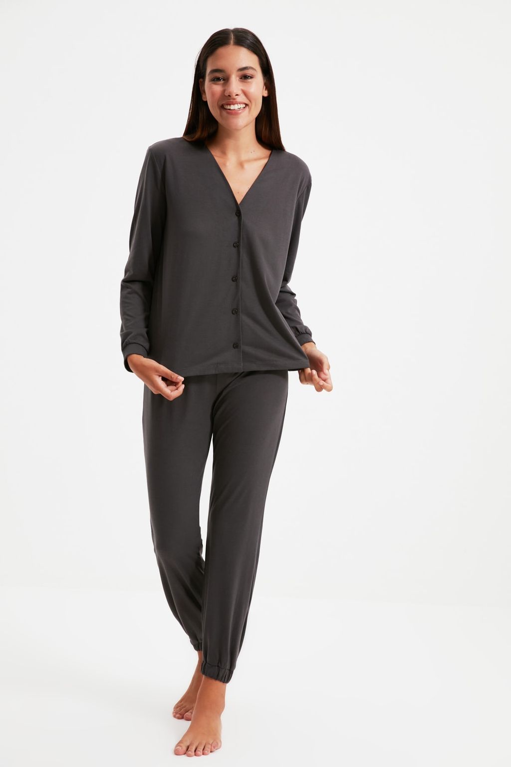 Antrasit %100 Pamuklu Gomlek-Jogger Orme Pijama Tak?m? THMAW21PT0632 - Trendyolmilla фото 2