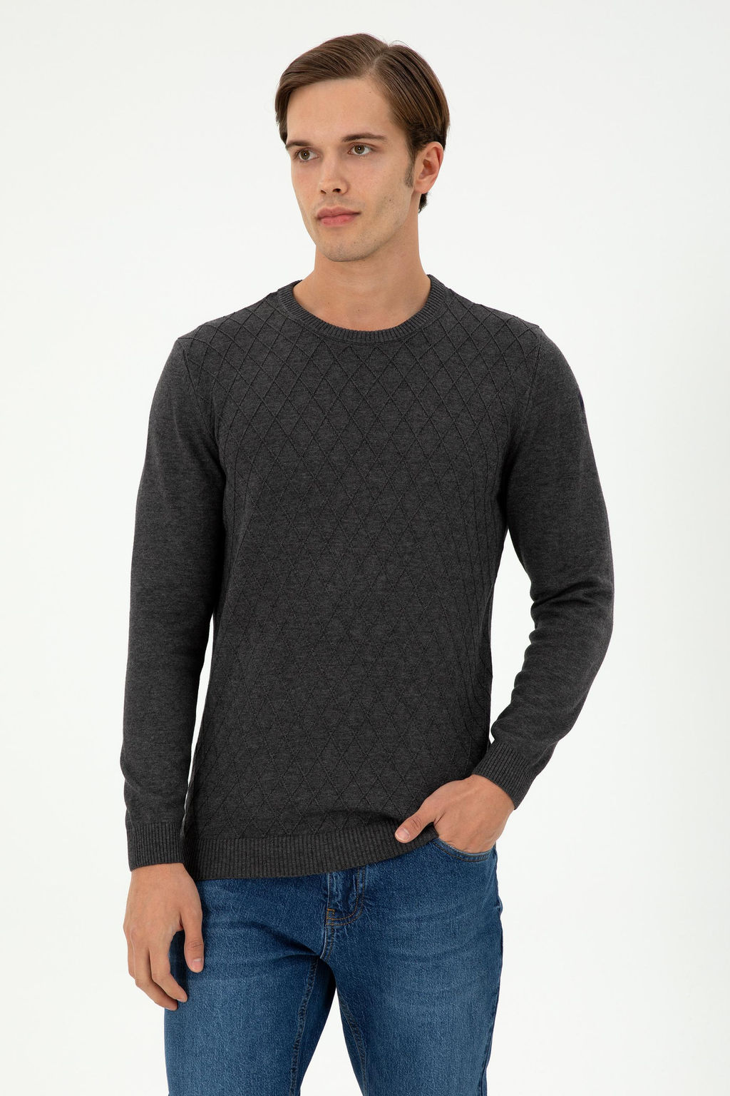 Erkek Slim Fit Bisiklet Yaka Antrasit Melanj Kazak