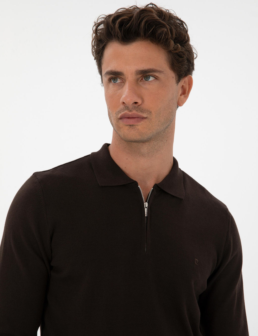 Koyu Kahverengi Slim Fit Polo Yaka Fermuarl_ Basic Triko Kazak - Pierre cardin фото 2