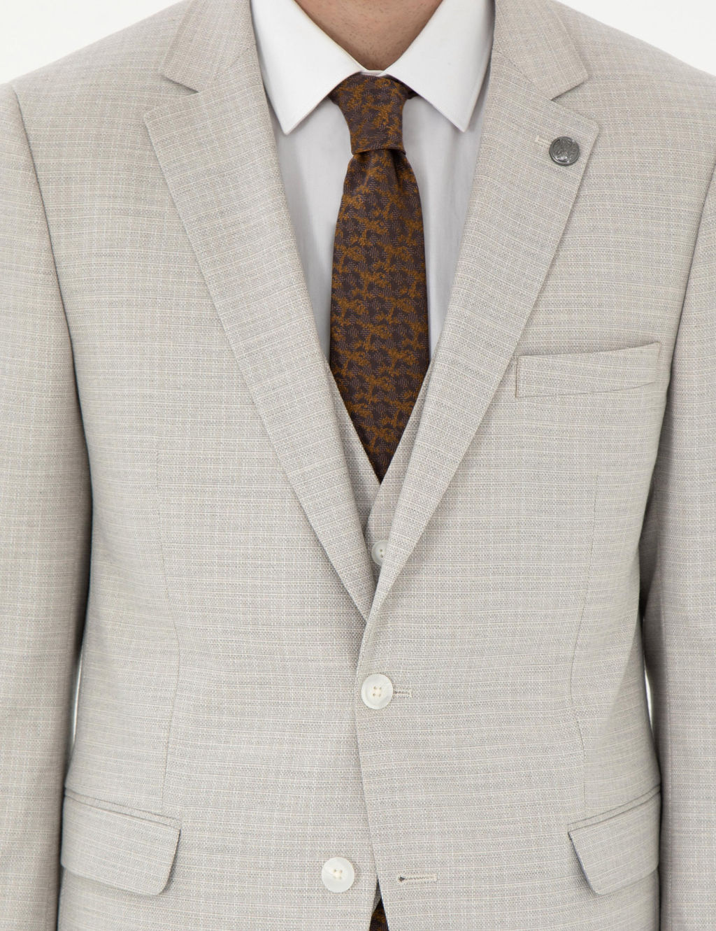 Bej Ex. Slim Fit Yelekli Tak_m Elbise