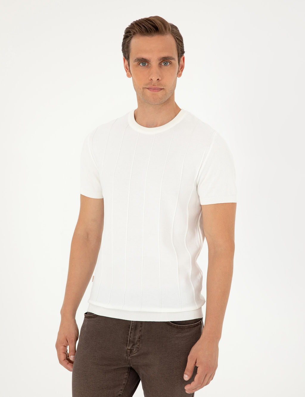 Ekru Slim Fit Bisiklet Yaka Triko Ti__rt