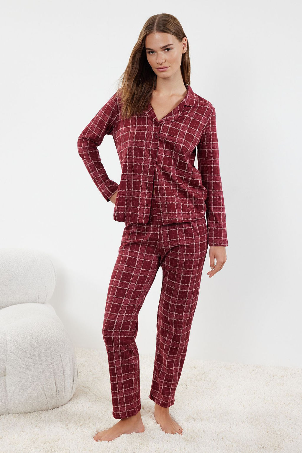 Trendyolmilla Bej %100 Pamuklu Ekoseli Orme Pijama Tak?m? THMAW20PT0266  фото 31