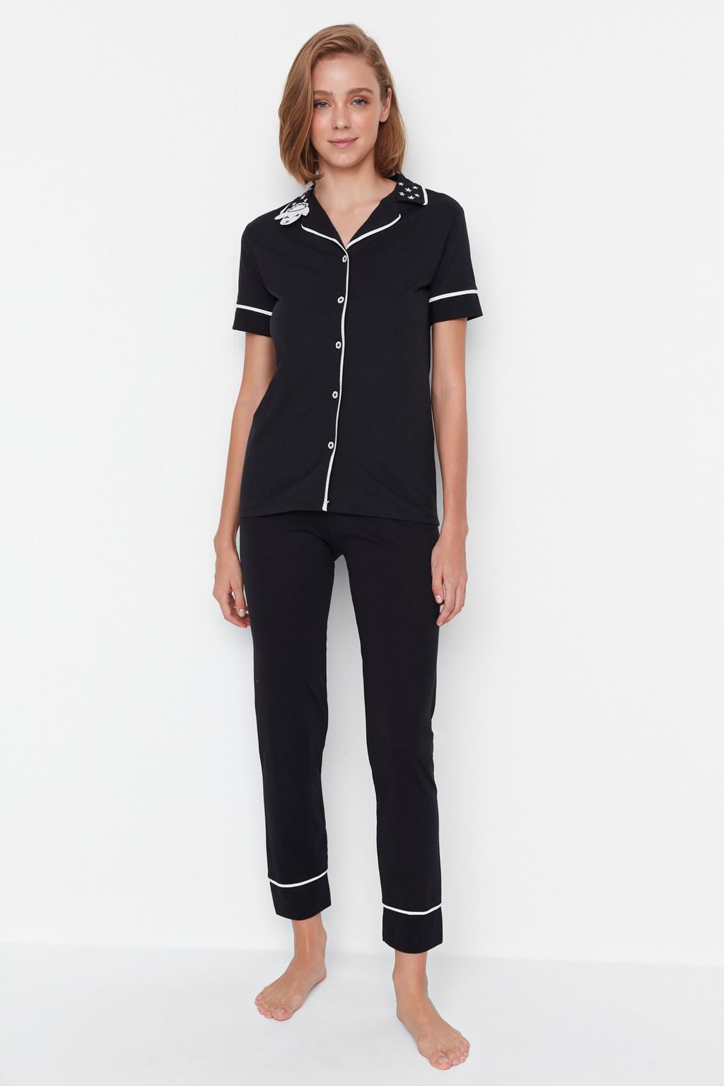 Trendyolmilla Siyah Pamuklu Yaka Kuzu Bask?l? Dar Kal?p Orme Pijama Tak?m? THMAW22PT0704 фото 10