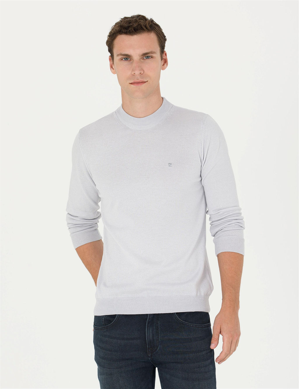 Krem Melanj Slim Fit Yar_m Bal_k__ Yaka Basic Triko Kazak