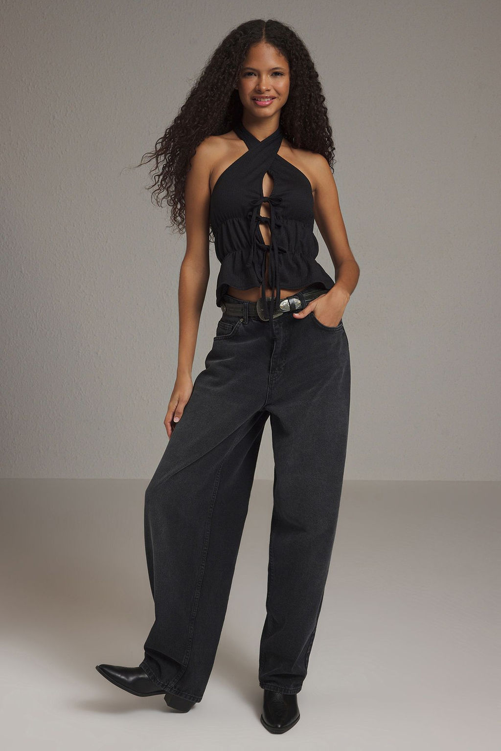 Trendyolmilla Siyah V Yaka Baglama Detayl? Orme Bluz TWOSS25BZ00227 фото 3