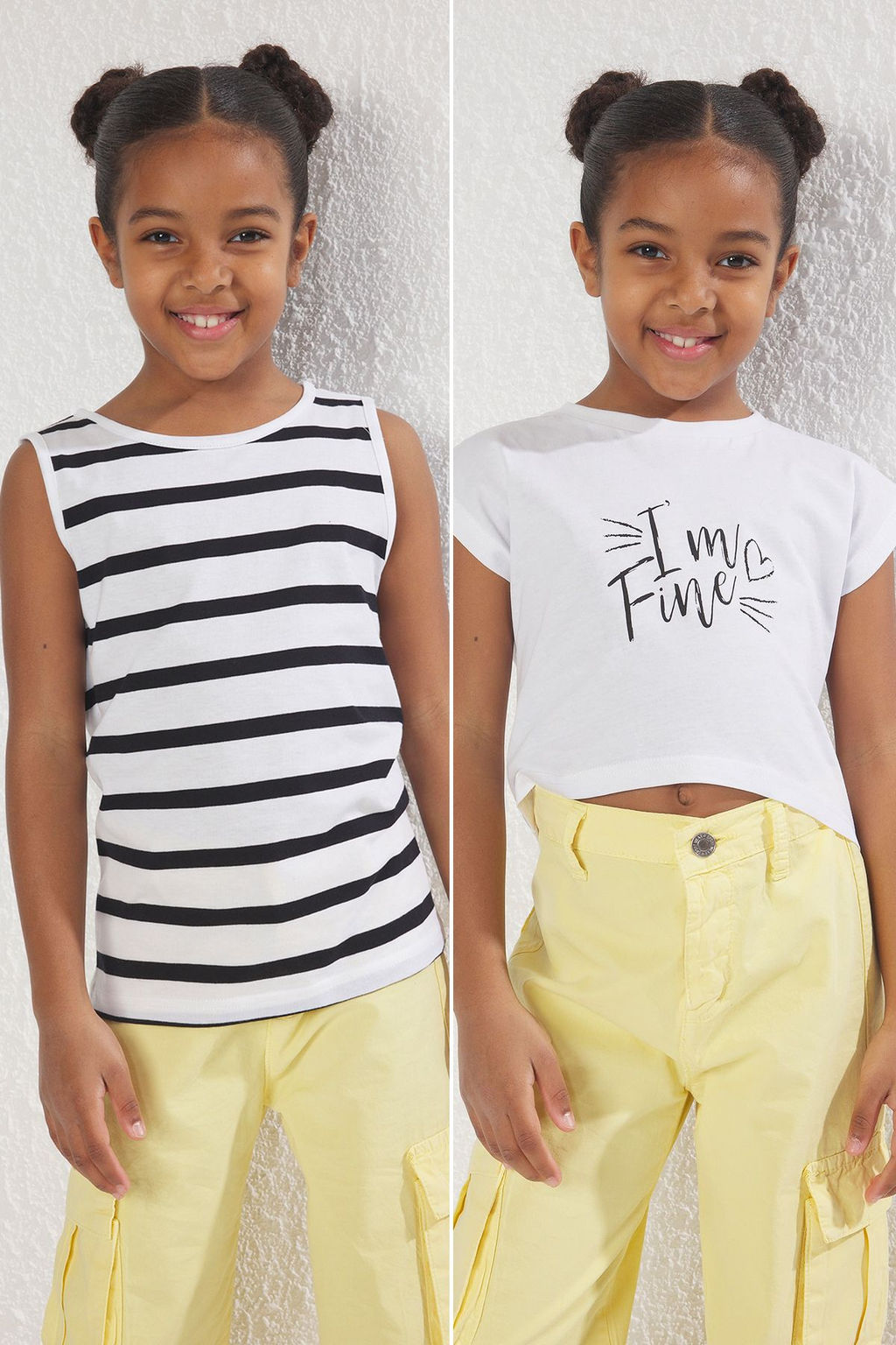 Siyah-Beyaz 2li K?z Cocuk %100 Pamuk OVersize/Genis Kal?p K?sa Kol Orme T-Shirt TKDSS25TS00015