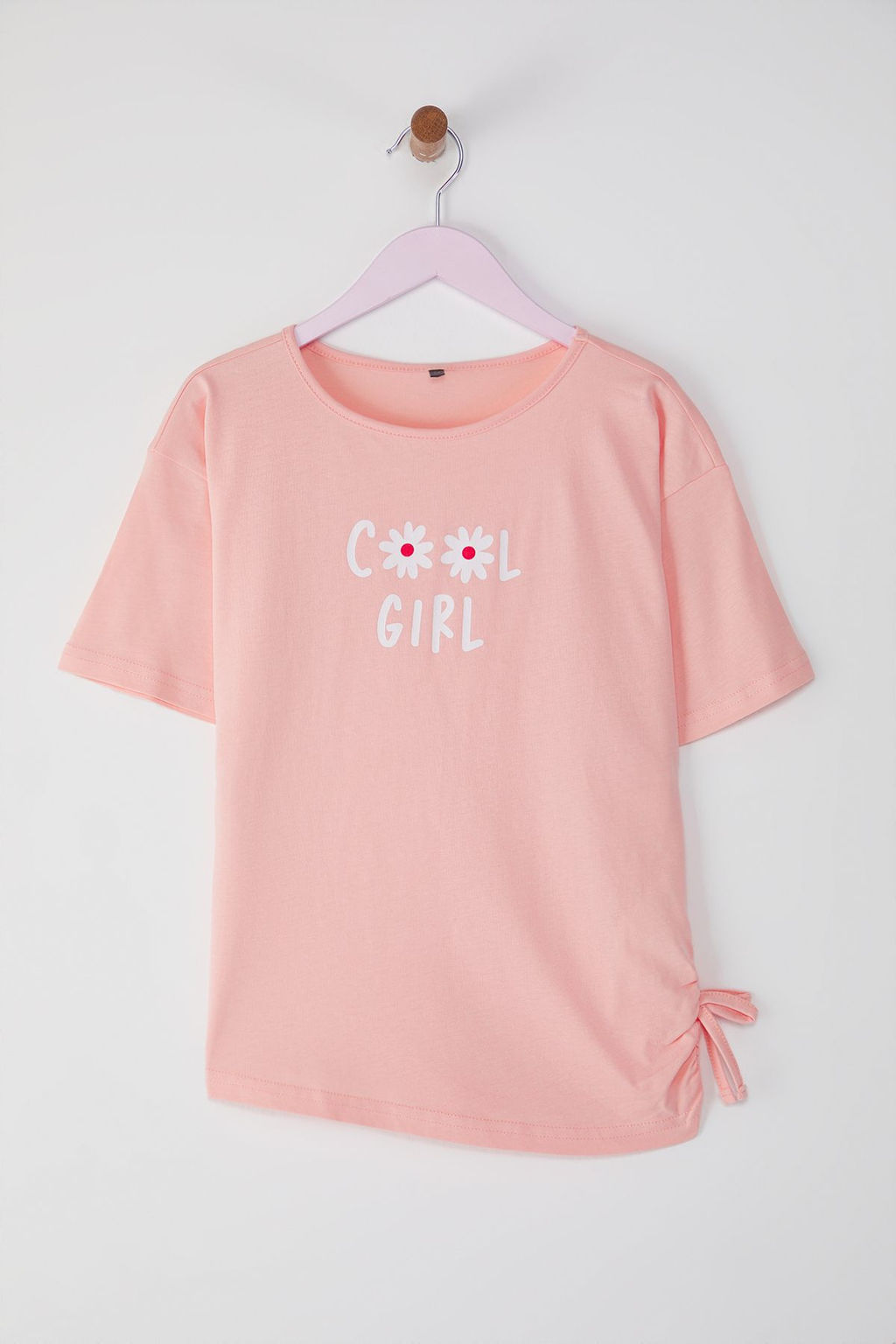 Ekru K?z Cocuk %100 Pamuk Kalp Bask?l? K?sa Kol Orme T-Shirt TKDSS25TS00062