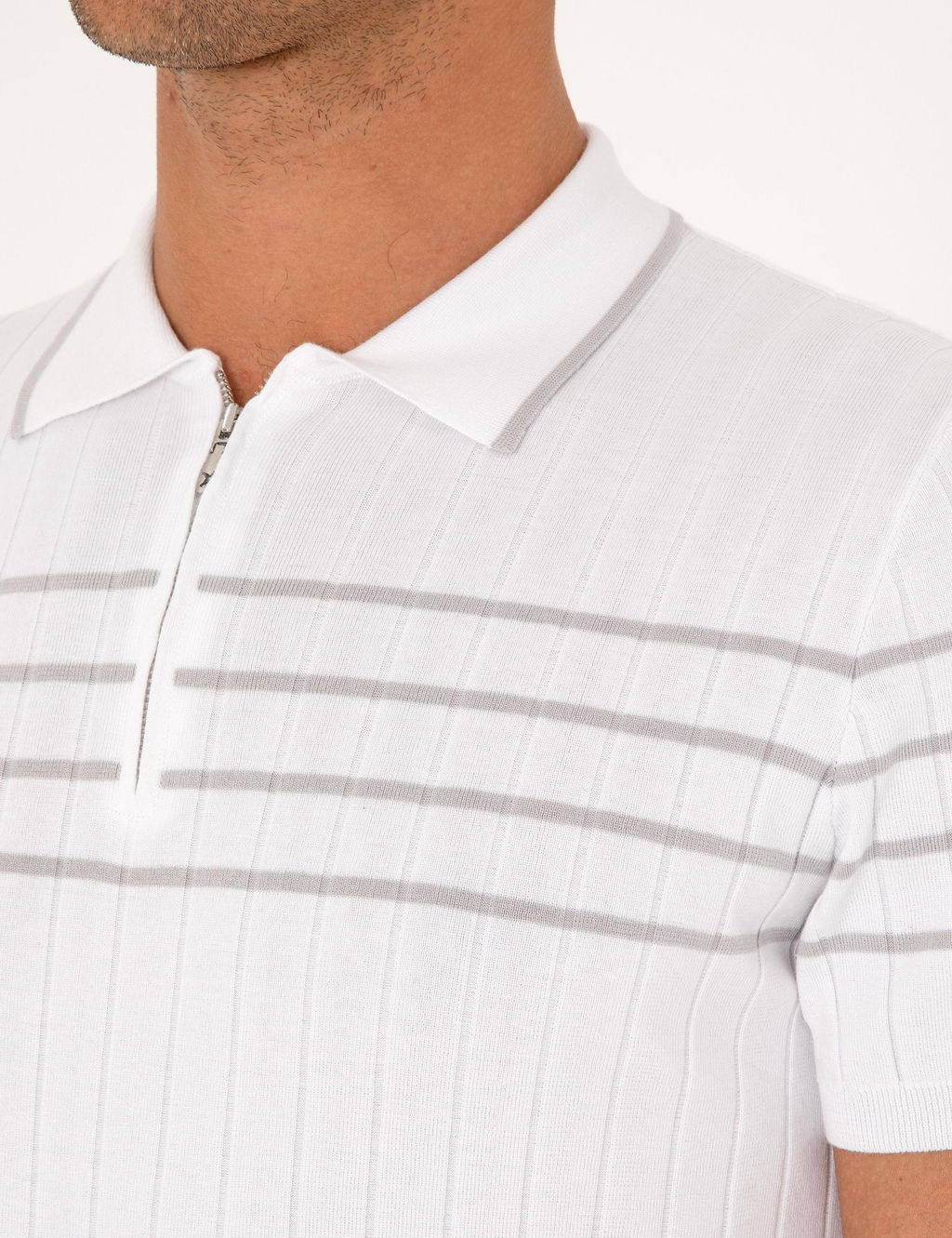 Beyaz Slim Fit %100 Pamuk Fermuarl_ Polo Yaka Triko T-shirt