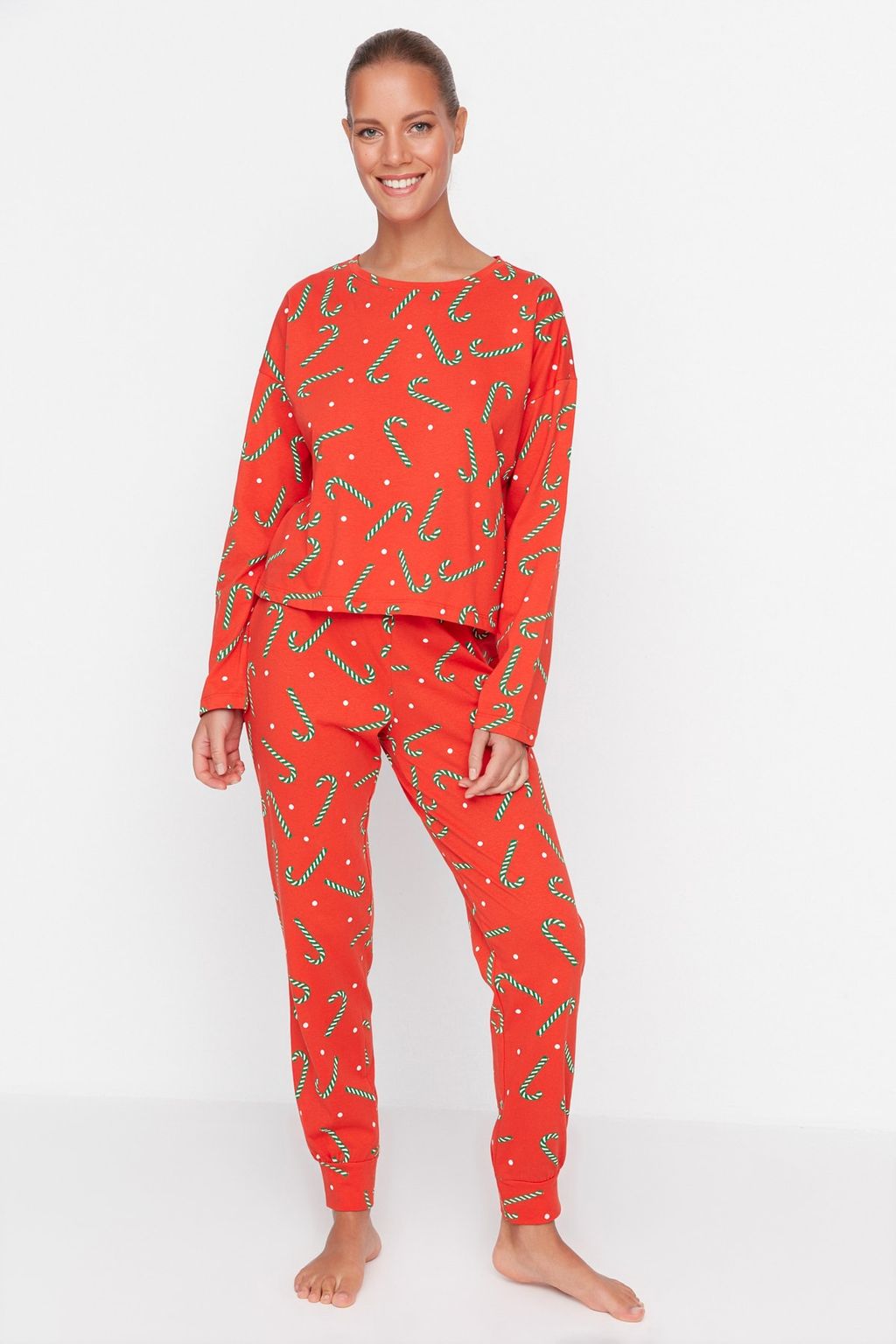 K?rm?z? %100 Pamuklu Y?lbas? Temal? Orme Pijama Tak?m? THMAW21PT0771