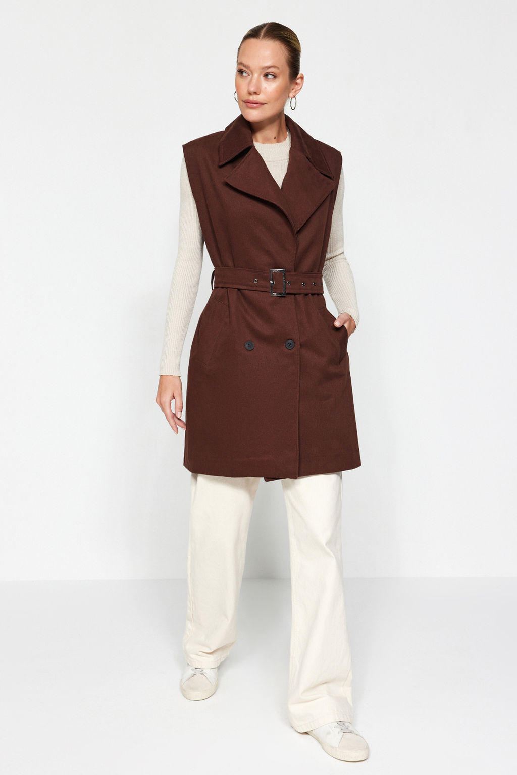 Kahverengi Oversize Kemerli Trenckot Yelek TWOAW24YE00084 - Trendyolmilla фото 2