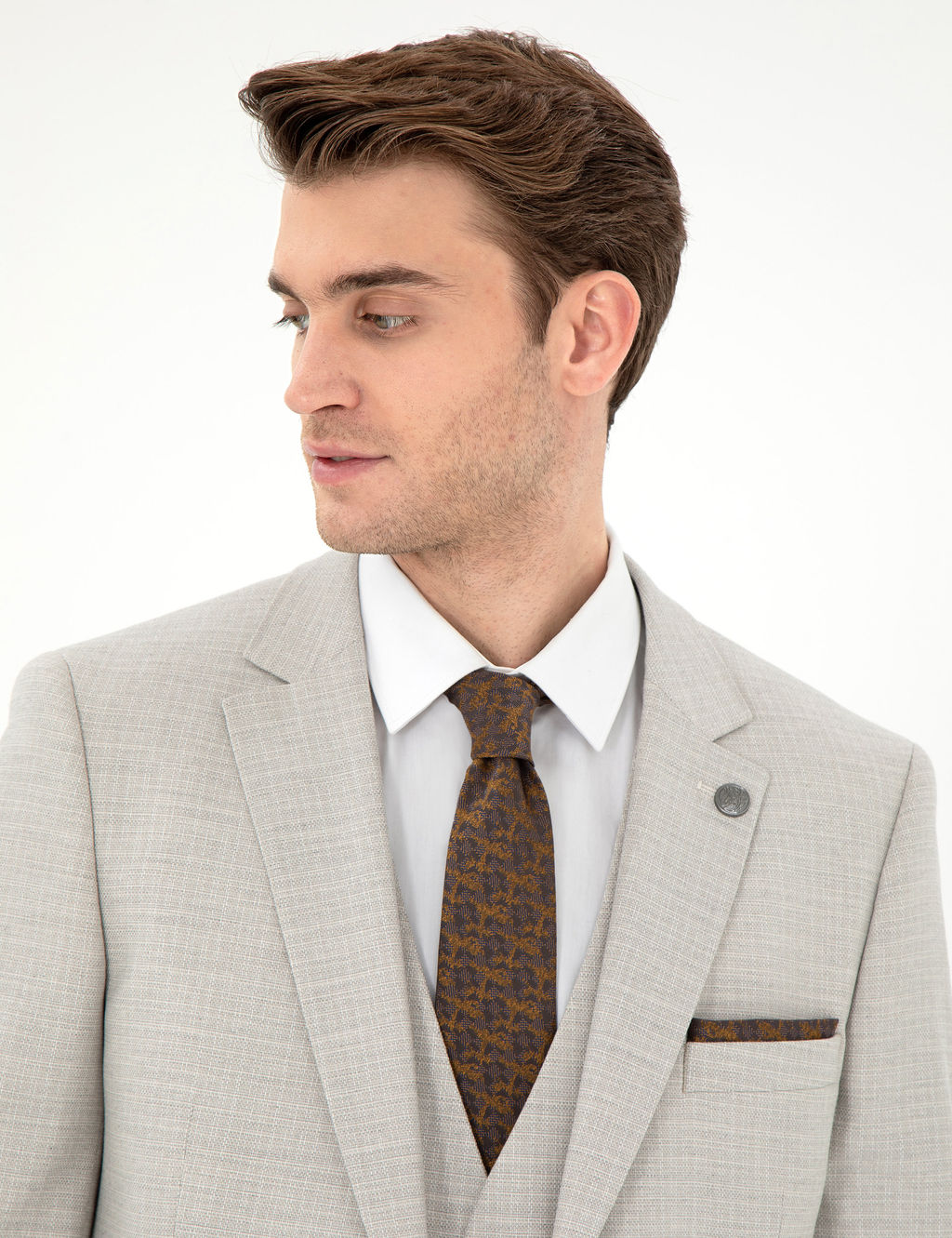 Bej Extra Slim Fit Yelekli Tak_m Elbise