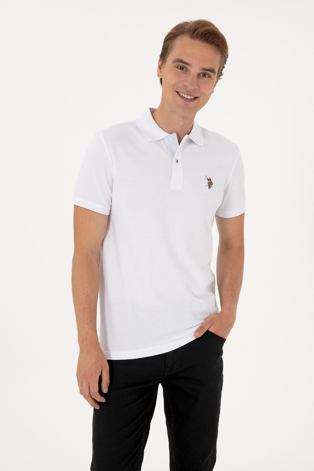 Erkek Slim Fit Polo Yaka Beyaz Basic Tirt
