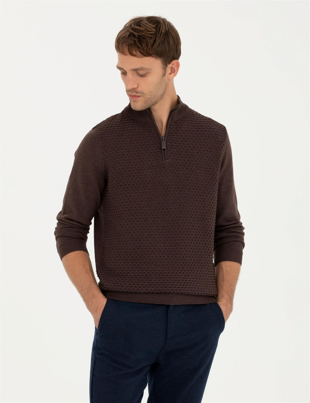 Kahverengi Slim Fit Fermuarl_ Dik Yaka Triko Kazak