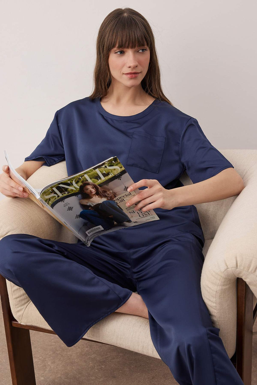 Lacivert Mat Saten Dokuma Pijama Tak?m? THMAW26PT00032