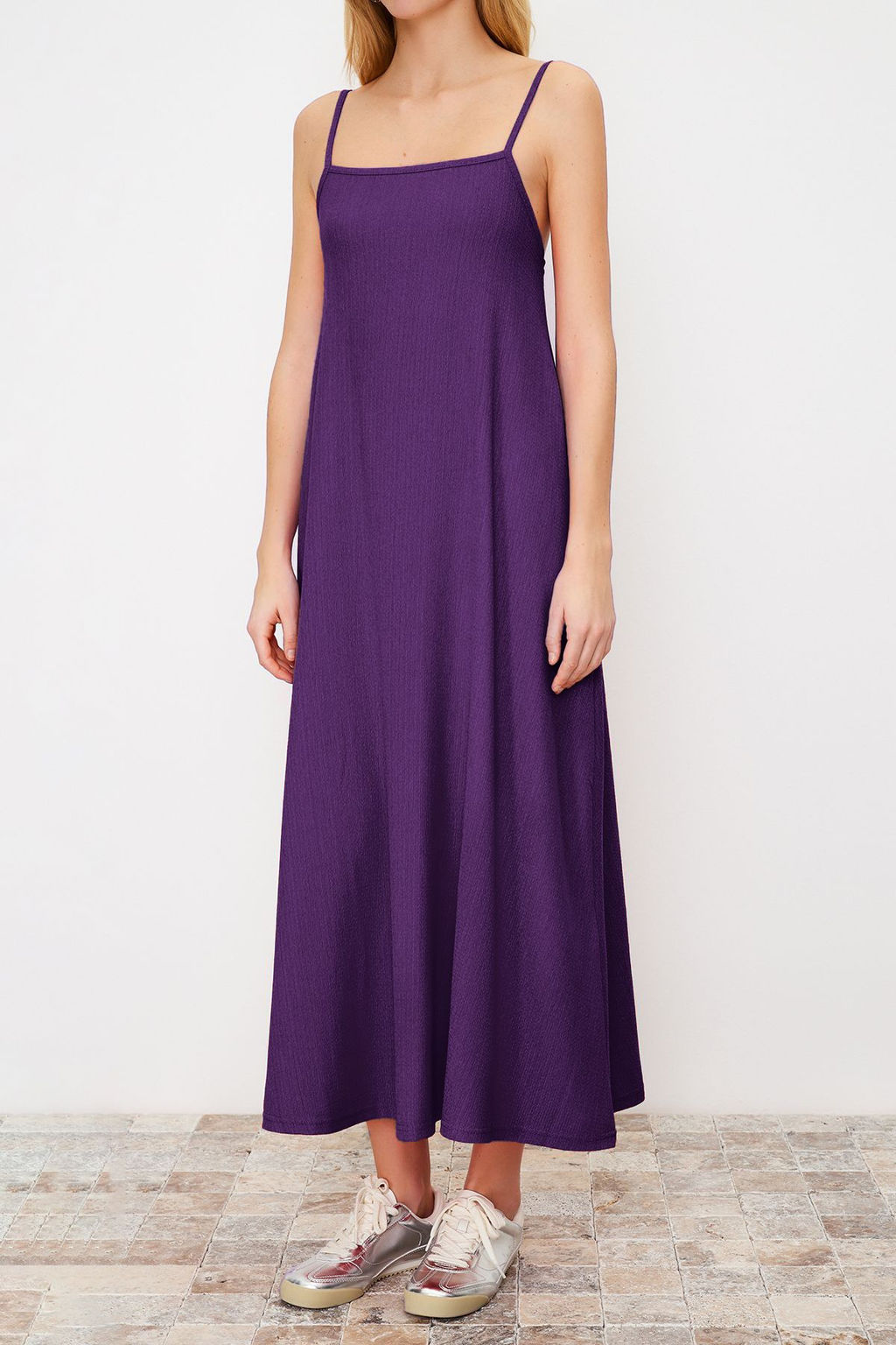 Mor Ayarlanabilir Ask?l? Kare Yaka A-Line Burumcuk/Dokulu Orme Maxi Elbise TWOSS24EL00060