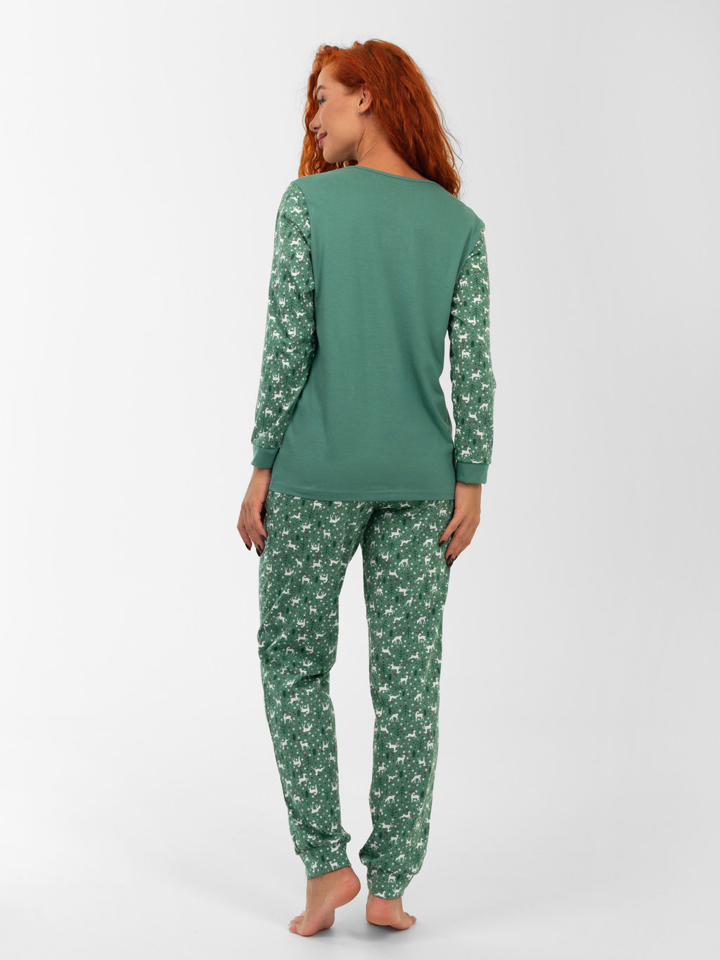 Пижама женская кулирка с брюками "ЗИМНИЙ ЛЕС" ЗЕЛЕНЬ