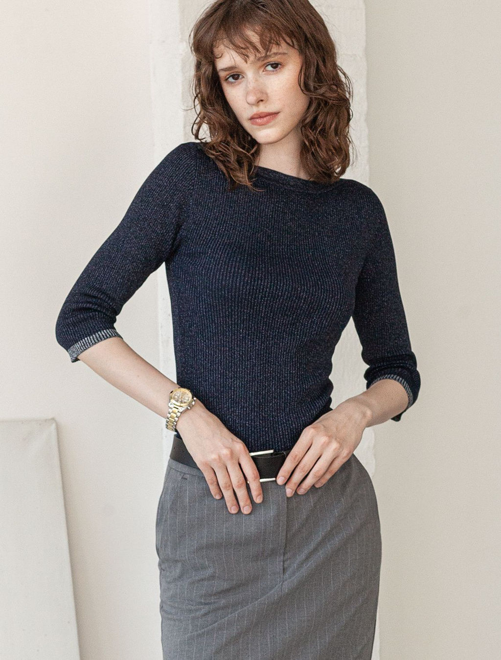 VILATTE / Джемпер фактурной вязки из вискозы с мягким люрексом фото 5