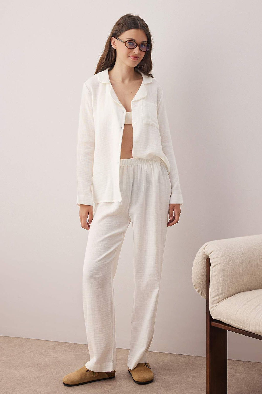 Ekru %100 Pamuklu Cepli Muslin Kumas Dokuma Pijama Tak?m? THMAW26PT00023