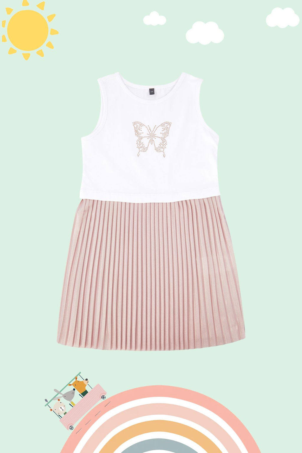 Beyaz K?z Cocuk Kelebek Desenli Bask?l? Bayraml?k Orme Elbise TKDSS24EL00008