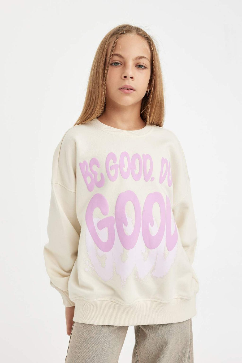 K?z Cocuk Oversize Genis Kal?p Bisiklet Yaka Bask?l? Sweatshirt - Defacto фото 3