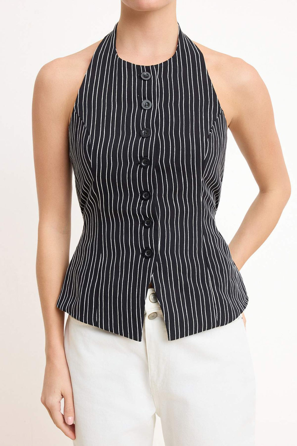 Siyah Beyaz Cizgili Boyundan Baglamal? Dokuma Yelek TWOSS26YE00020 - Trendyolmilla фото 4