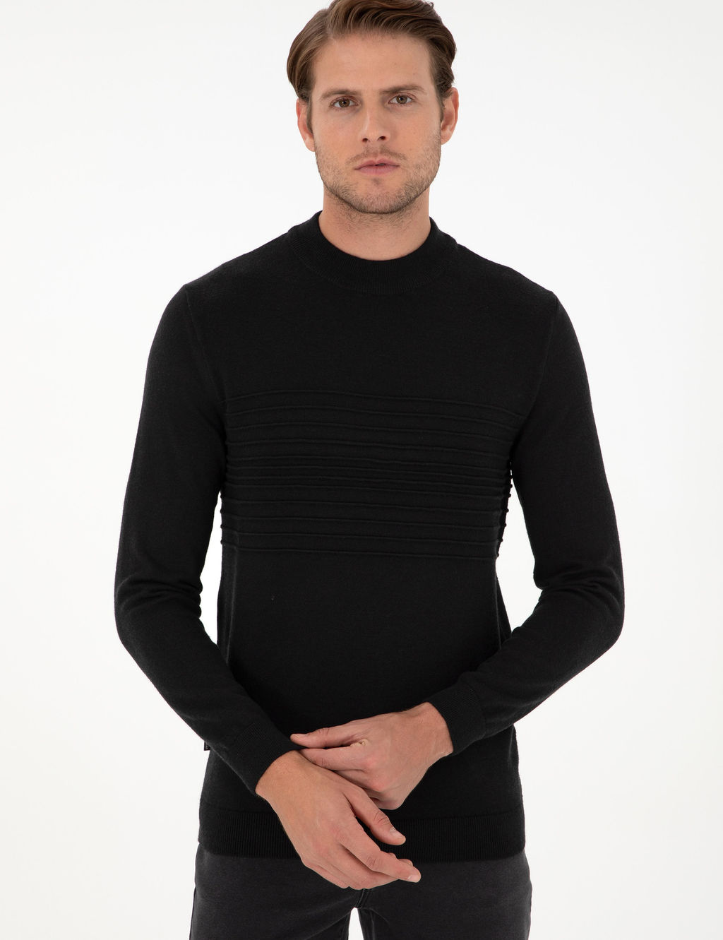 Siyah Slim Fit Bato Yaka Y_n Kar___ml_ Triko Kazak - Pierre cardin фото 3