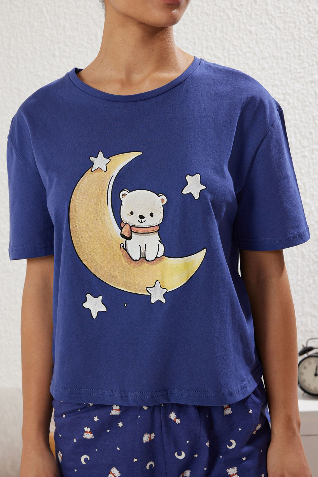 Lacivert %100 Pamuklu Ay?c?k ve Y?ld?z Desenli Sortlu Orme Pijama Tak?m? THMSS25PT00081