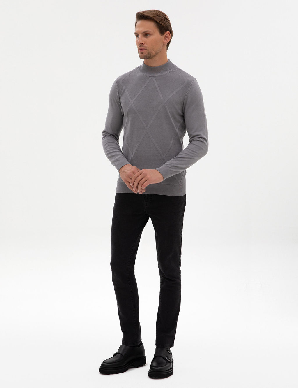 Gri Slim Fit Yar_m Bal_k__ Yaka Triko Kazak