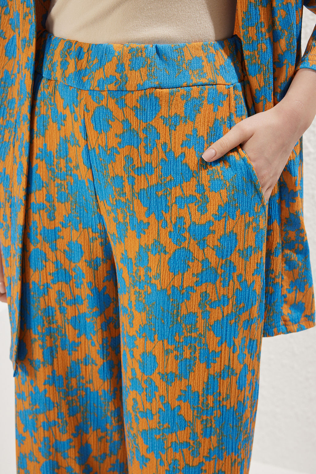 Turuncu Bask?l? Rahat Kesim Esnek Kimonolu Orme Alt-Ust Tak?m TWOSS24AU00103